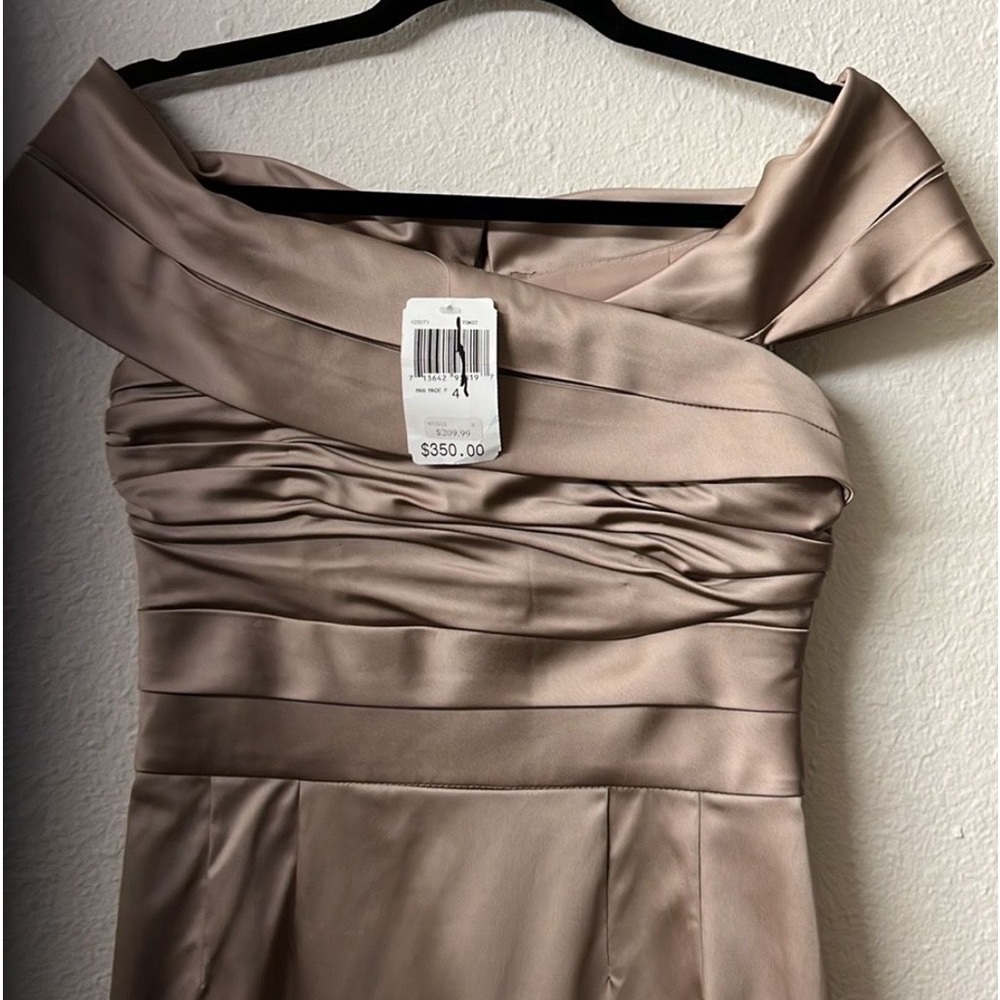 Kay Unger Elegant Tan Off-Shoulder Wedding Dress